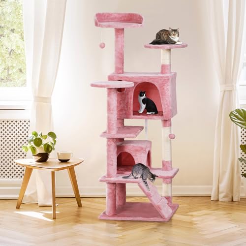 Nova Microdermabrasion 54 in Cat Tree Tower for Indoor Cats Multi-Level Cat Condo Cat Bed Furniture with Scratching Post Kittens Activity Center (Pink) - color: Pink