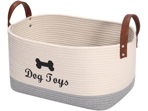Geyecete X-Large Cotton Rope Dog Basket with Leather handle Blanket Storage Basket Decorative Clothes Hamper Basket | Extra Large Baskets for Blankets or Laundry-Beige/Gray - color: Beige/Gray(Long Handle)