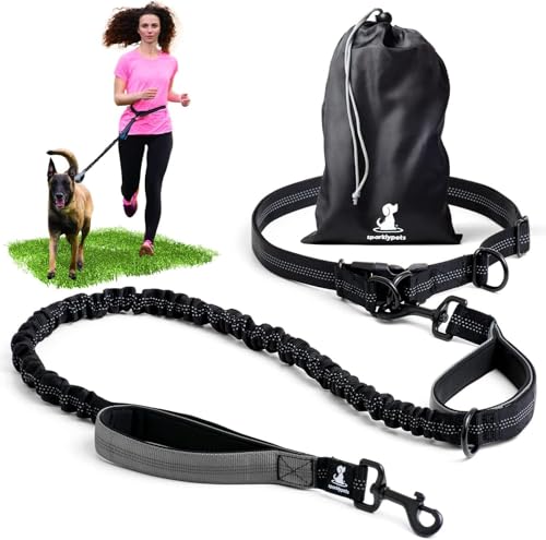 SparklyPets - Hands Free Dog Leash with Reflective Stitches - Waist Leash for Dog Walking, Hiking, Training, Jogging, Canicross, Running - for Medium & Large Breeds - color: Gray, size: 1 dog M/L