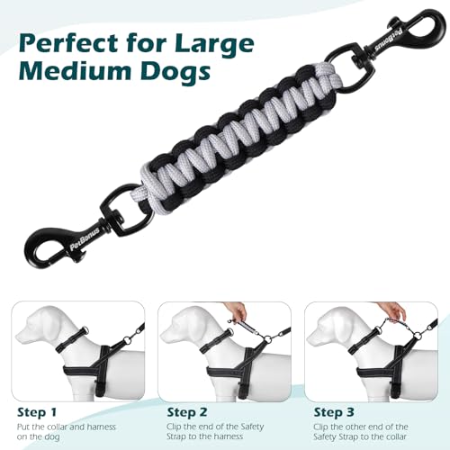 Dog Collar Safety Clip, Handmade Backup Safety Strap for Dog Harness, Prong, Pinch Collar, Double Ended Clasp Leash Connector (Black, Grey) - color: Black, Grey