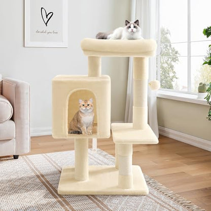 Allewie 29 Inches Cat Tree Tower/Plush Perches Platform/Condo/House/Sisal Scratching Posts/Multi-Level Activity Center Furniture for Kittens/Beige - color: Beige