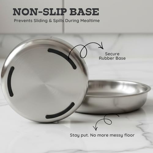 Stainless Steel Cat Food Bowl, 16 oz / 2 Cup Each, Heavy Duty Double Wall Insulated, Shallow Whisker-Friendly Design, Non-Slip Flat Base Dish for Cats & Kittens, D/W Safe Pack of 2