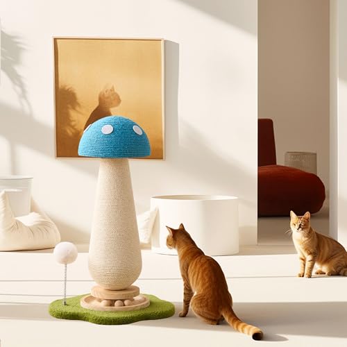 Mushroom Cat Scratching Post Cat Tree, 21.5‘’ H Cute Cat Scratcher Tower with Durable Solid Wood Turntable Toy, Mushroom Scratch Post Cat Sisal Scratcher with Catnip for Indoor Adult Cats-Blue - color: Blue Mushroom