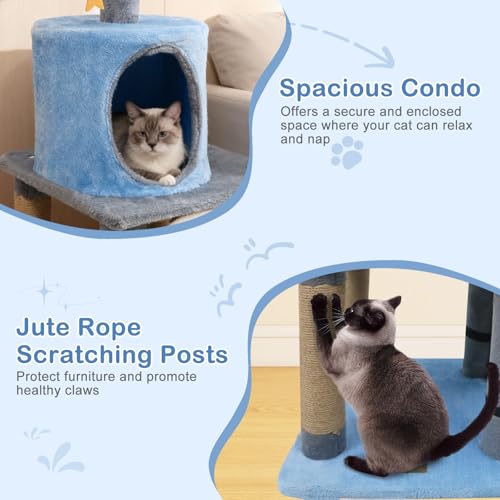 PETSITE 31.5-inch Cute Cat Tree, Multi-Level Small Cat Tree with Scratching Posts, Condo, Star-Shaped Dangling Toys, and Top Perch, Star, Moon & Cloud Elements Mixed, Ideal for Indoor Cats (Blue) - color: Blue