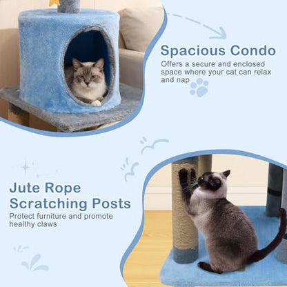 PETSITE 31.5-inch Cute Cat Tree, Multi-Level Small Cat Tree with Scratching Posts, Condo, Star-Shaped Dangling Toys, and Top Perch, Star, Moon & Cloud Elements Mixed, Ideal for Indoor Cats (Blue) - color: Blue