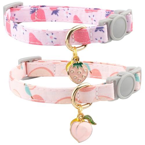 Faygarsle 2 Pack Breakaway Cat Collar with Bells for Female Girl Cats Cute Pink Collar with Peach Strawberry Charm Summer for Cats - color: Pink