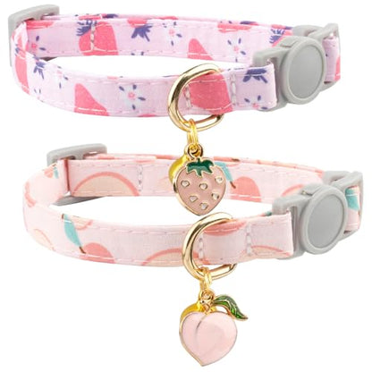 Faygarsle 2 Pack Breakaway Cat Collar with Bells for Female Girl Cats Cute Pink Collar with Peach Strawberry Charm Summer for Cats - color: Pink