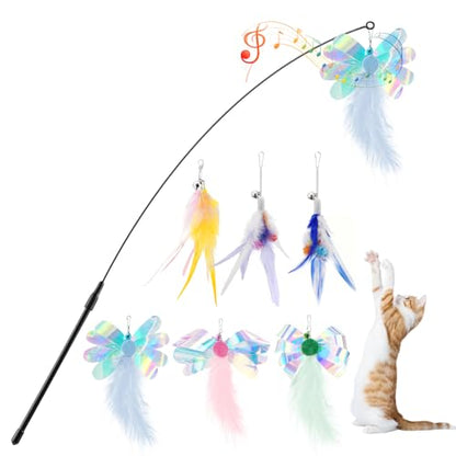 Pawaboo Feather Teaser Cat Toy, Interactive Feather Wands Cats Toy Flying Feathers Cat Catcher with Extra Long 34.5" Wand and Small Bell, Exerciser Playing Toys, 1 Wand + 6 Feathers, Colorful - color: Z-Colorful