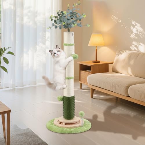 45'' Extra Tall Cat Scratching Post for Large Cats,3.5Inch Natural Sisal Scratcher with Solid Wood Base,Stable Cat Scratch Post with Interactive Toy,Self Groomer,Climbing Pole for Full Body Stretching - color: green-45inch