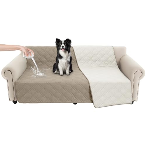 100% Waterproof Dog Bed Cover Pet Blanket 68"x82", 7-Layer Reversible Washable Bed Mat for Furniture Couch Sofa Car (Khaki+Off White)