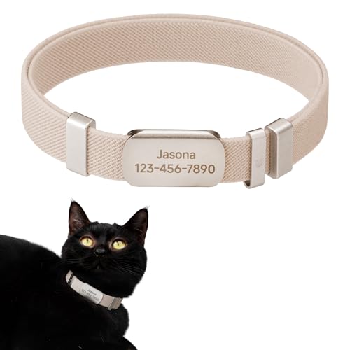 Anti-Choke Elastic Cat Collar and Personalized Name Tag Set, U.S IDA Gold Award Non Breakaway Cat Collar Engraved ID Tag Personalized Cat Collar for Kitten Small Large Cats (Linen, M) - color: Linen, size: M
