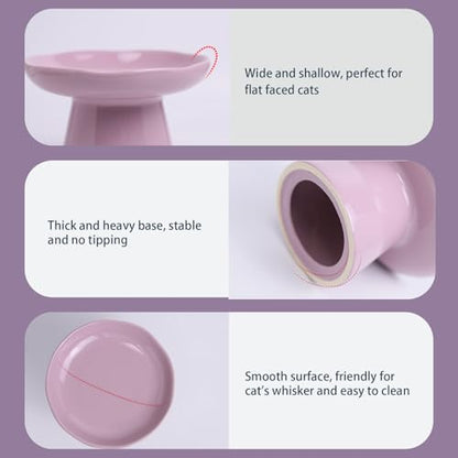 Wide Shallow 6.1" Raised Cat Bowls, Ceramic Elevated Food Plate for Flat Faced Cats and Small Dogs, Porcelain Feeder Bowl, Stress Free, Protect Cat’s Spine, Lavender - color: Lavender-Shallow