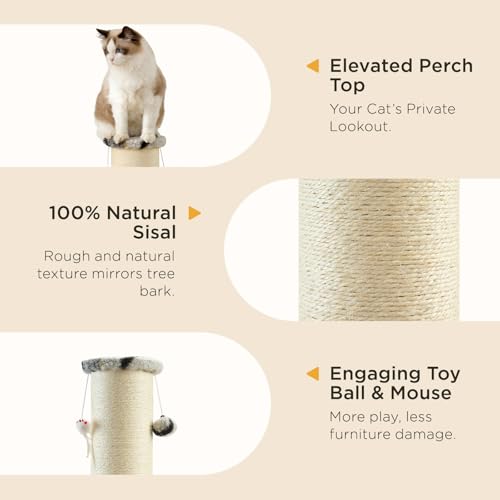 Joydeco Cat Scratching Post 34 Inches Heavy Duty and Thick Scratching Post Sisal Rope with Hanging Ball and Mice for Indoor Cats(Grey) - size: 34 inch Grey