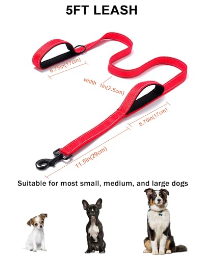 Aeclleca Soft Handle Reflective Black Dog Leash with 2 Padded Handles, 5FT Heavy Duty Pet Lead for Medium & Large Dogs, Comfortable Anti-Slip Grip & Night Safety Design (Red) - color: Red