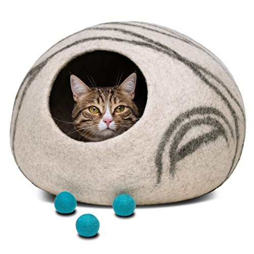 Meowfia Premium Felt Cat Bed Cave (Light Grey/Medium) and Wool Ball Toys (6-Pack) Bundle