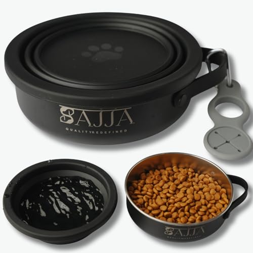 3-in-1 Travel Dog & Cat Bowl – Collapsible BPA-Free Silicone & 18/8 Stainless Steel, Portable & Non-Slip with Handle, Easy to Clean, Food & Water Bowl for On-the-Go Pets, Bottl/Poop Bag Holder - color: Black Bowl
