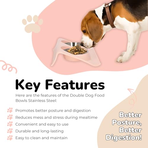 Double Dog Food Bowls Stainless Steel - Puppy Food and Water Bowl Set with Weighted Non-Slip Base - Non-Skid Design - Dog Bowl Set for Puppy Cats Kitten Small Medium Dogs - Pink - color: Pink
