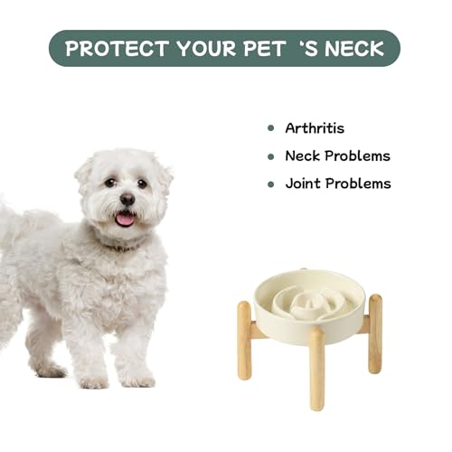Havniva 6.1” Raised Slow Feeder Dog Bowls, 0.9 Cups Ceramic Dog Bowl Slow Feeding for Small Breed, Elevated Puzzle Dog Food Bowl with Wooden Stand Non-Slip Anti-Gulping & Anti-Choking - color: 1 x Light Yellow+Stand-A, size: 6.1inch-New