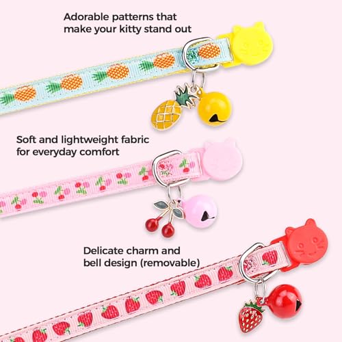 BINGPET Breakaway Cat Collar with Bell, 3 Pack Cat Collars for Girl Cats, Cute Kitty Collars Accessories with Pineapple & Cherry & Strawberry - color: Fruit-3pcs