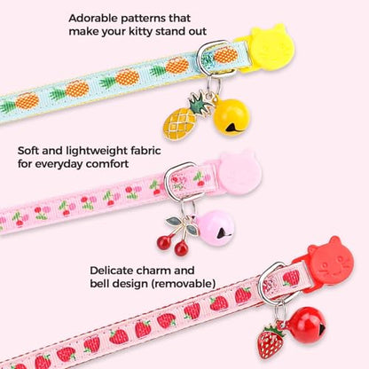 BINGPET Breakaway Cat Collar with Bell, 3 Pack Cat Collars for Girl Cats, Cute Kitty Collars Accessories with Pineapple & Cherry & Strawberry - color: Fruit-3pcs