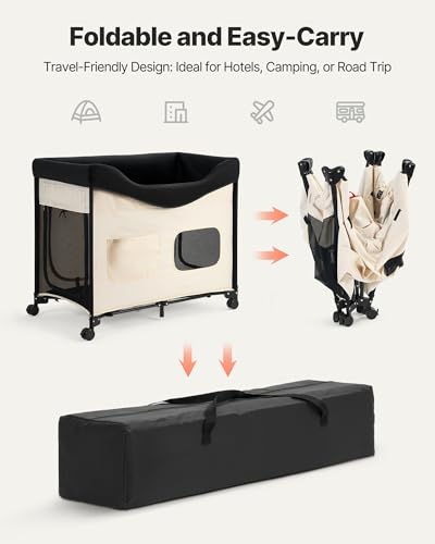 VEVOR Bedside Lounge Pet Bed, Foldable Bunk Dog Bed with 600D Oxford Cloth and Dutch Velvet, Portable Raised Cot with Wheels, Side Storage Bags, and Carry Bag for Cats & Dogs, XL, Beige - size: XL