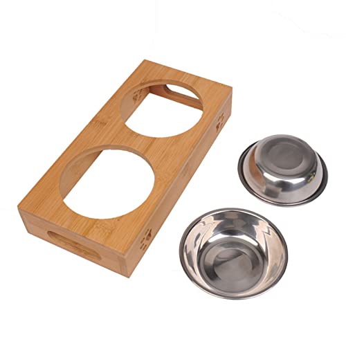 Dog Feeding Mats Pet Cat Bowl Bear Bamboo Plate Double Natural Durable Safety Wood Stainless Steel Dog Utility