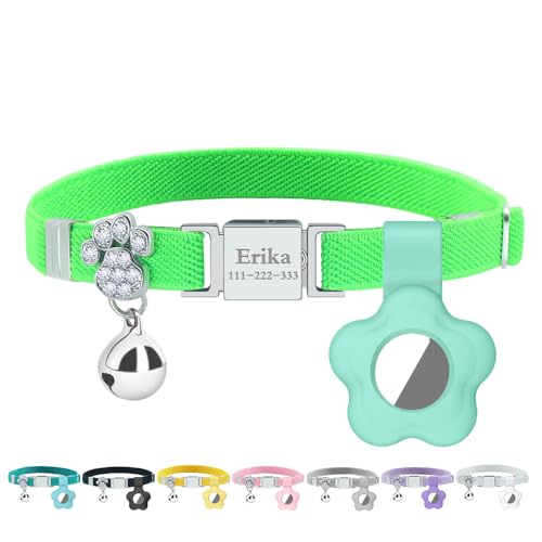 Personalized Safety Elastic Cat Collars with Bell Soft Silicone Cover for Air Tag,Laser Customized Stretch Kitten Collars for Girls Boys Cats (Light Green) - color: Light Green