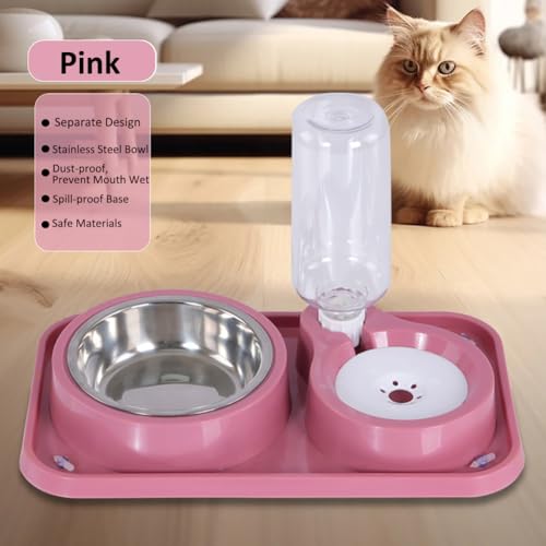 Dog Bowls, Non-Slip Puppy Cat Food and Water Bowl Set with Water Dispenser and Stainless Steel Bowl Detachable Gravity Pet Feeder and Waterer Set for Cats Dogs Puppy Rabbit (Pink, 500ML) - color: Pink, size: Water Capacity: 500ML