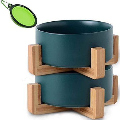 Petygooing Ceramic Dog Cat Bowl Set with Stand,Small Dog Bowls,Food and Water Dishes, Cute Modern Anti Slip Set of 2 Pet Food Dish- Small Size Pet (13.5OZ/5.1 in) Green - color: Deep Green, size: Puppy/Small Size Dogs & Cat Bowls 400ML*2