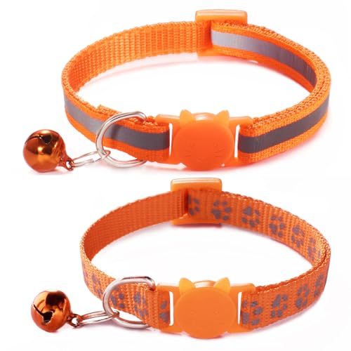 Orange Breakaway Kitten Collar with Bells, [2 Pack] Break Away Cat Collar with Bells, Reflective Cat Collar for Girl Cats Boy Kitty - color: Orange