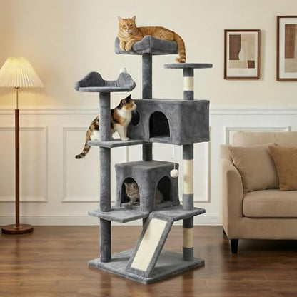 Pawly 52.5" Large Cat Tree with 2 Condos & Sisal Ramp, Premium CARB P2-Compliant Particle Board, 350G Plush Sturdy Cat Tower for Large Breeds, Senior Cats & Multi-Cat Household, Gray