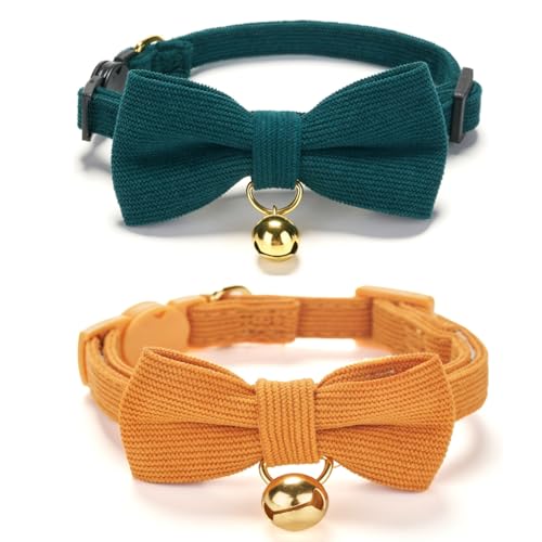 2 Pack Soft Corduroy Cat Collar, Plaid Pattern, with Bell and Bowtie, Safety Breakaway Clasp, Adjustable for and Cats.(Adult Cat, Orange+Green) - color: 2 Pack (Orange+Green)