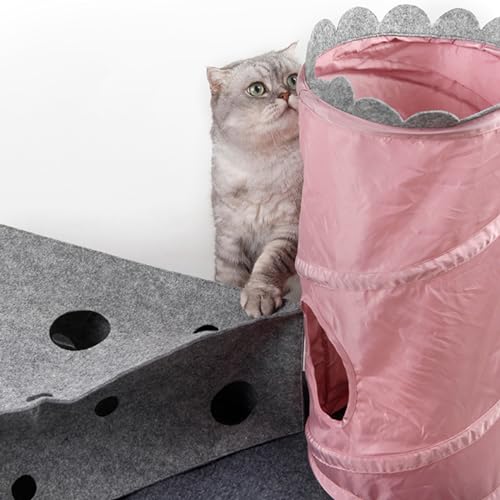 Cat Tunnel for Indoor Cats Peekaboo, 2-in-1 Interactive Cat Enrichment with Ball Toys, Large Felt Mat, Scratch Resistant Cats Activity Play Mats for Multiple Kittens, Dogs【Pink】