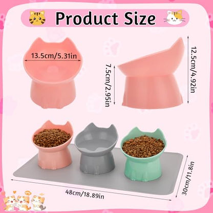 3 Pcs Elevated Cat Bowls 15°Raised Cat Food Bowl with Silicone Mat Whisker Friendly Anti Vomiting Cats Dishes Pet Food and Water Bowls for Indoor Cats Kittens, Pink, Green, Gray - color: Pink, Green, Gray