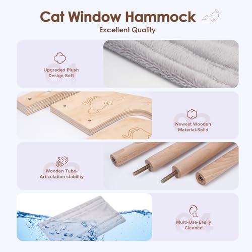 Cat Window Perch- Cats Windows Bed for Indoor- Cat Windowsill Hammock with Cushion- No Suction Cups 2 in 1 Kitty Perch&Beds- Large Kittens Wood Hammock Hanging(24.5 * 15in)- Kitty Shelf Seat