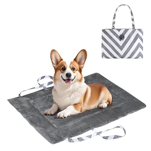 Waterproof Foldable Dog Bed Pad for Camping & Travel, Portable Roll-Up Dog Bed Car Seat Pet Cushion Mat with Handles for Small & Medium Dogs, Indoor & Outdoor Use, Grey Chevron Striped - color: Grey Chevron Striped, size: 31"x24"