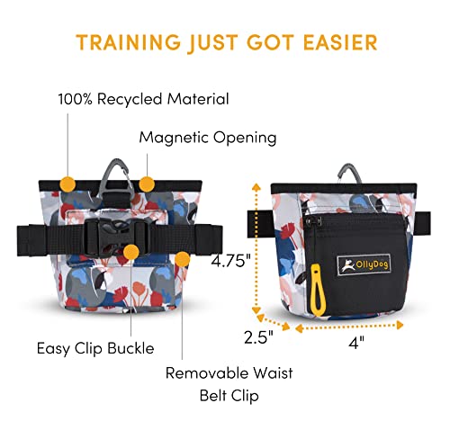 OllyDog Goodie Treat Bag, Dog Treat Pouch, Waist Belt Clip for Hands-Free Training, Magnetic Closure, Dog Training and Behavior Aids, Three Ways to Wear (Petals) - color: Petals