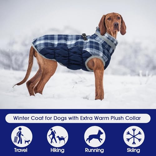 FUAMEY Dog Coat for Small Dogs,Waterproof Dog Winter Jacket with Harness Built in Puppy Cold Weather Coats Reflective Pet Vest with Zipper Warm Fleece Dogs Snowsuit Windproof Blue Plaid XS - color: Blue Plaid, size: XS(chest:14in)