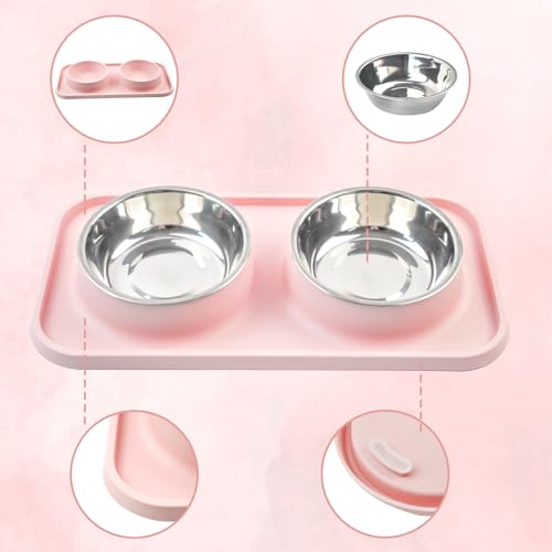 Double Dog Food Bowls with Mat,Stainless Steel Dog Bowls with No Spill Non Skid Silicone Mat Removable Cats Water and Food Bowl Set for Puppy Cats Kitten Small Medium Dogs(Pink) - color: 【Pink】