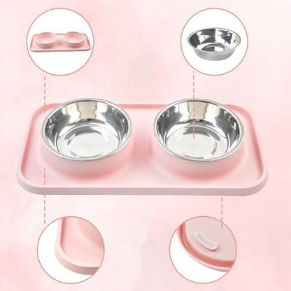Double Dog Food Bowls with Mat,Stainless Steel Dog Bowls with No Spill Non Skid Silicone Mat Removable Cats Water and Food Bowl Set for Puppy Cats Kitten Small Medium Dogs(Pink) - color: 【Pink】