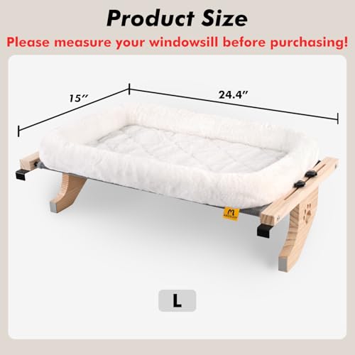 AMOSIJOY Cat Sill Window Perch Sturdy Hammock Seat with Cushion Bed Cover, Wood & Metal Frame for Large Cats, Easy to Adjust Windowsill, Bedside, Drawer and Cabinet(Cushion Bed) - color: White, size: 24.4''L X 15''W