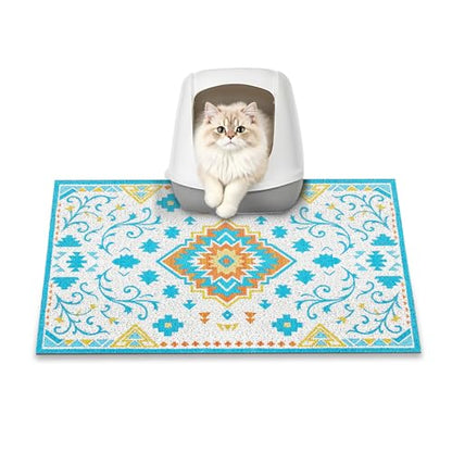 Cat Litter Mat, 24" x 16" Litter Box mat, Traps 100% Litter, Non-Slip Kitty Litter Trapping mats, Small Cute Litter mat, Easy Clean for Scatter Control, Bohe cat Food mat, Urine Waterproof - color: Blue Planet, size: Small（24"x16"）