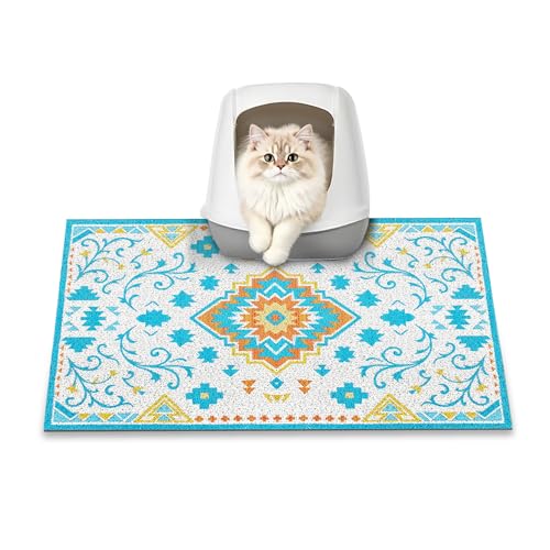 Cat Litter Mat, 24" x 16" Litter Box mat, Traps 100% Litter, Non-Slip Kitty Litter Trapping mats, Small Cute Litter mat, Easy Clean for Scatter Control, Bohe cat Food mat, Urine Waterproof - color: Blue Planet, size: Small（24"x16"）