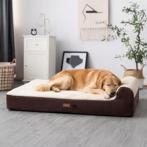 KOPEKS Jumbo Orthopedic Dog Bed - 7-inch Thick Memory Foam Pet Bed with Pillow with Removable Cover & Free Waterproof Liner - for Large Breed Dogs, XL, Brown-Plush Top - color: Brown-Plush Top