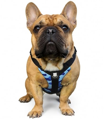 No-Pull Harness for English & French Bulldogs - Adjustable Wide-Chest Fit, Reflective Vest with Control Handle (Bully Blue Camo, Small) - color: Bully Blue Camo, size: Small
