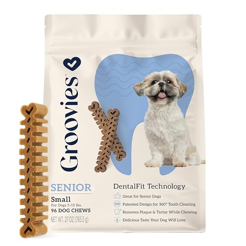 Groovies Senior Small Dog Dental Chews for Dogs, Patented DentalFit Technology for Plaque & Tartar Support, Flexible Texture for Easy Chewing, Chicken Flavor, USA Manufactured, 5–15 lb Dogs,96 Count - size: 27 Ounce
