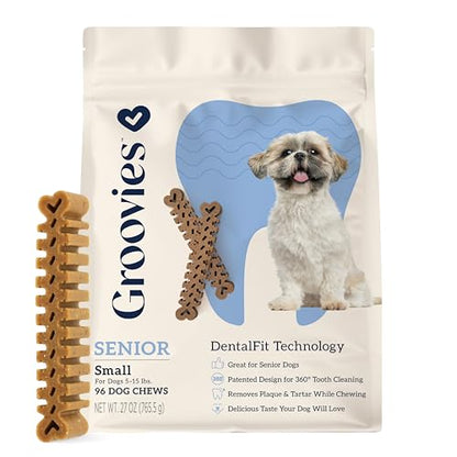 Groovies Senior Small Dog Dental Chews for Dogs, Patented DentalFit Technology for Plaque & Tartar Support, Flexible Texture for Easy Chewing, Chicken Flavor, USA Manufactured, 5–15 lb Dogs,96 Count - size: 27 Ounce
