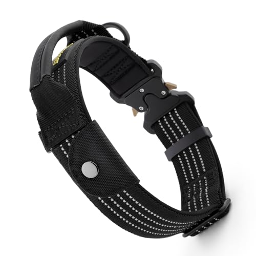 Plutus Pet Tactical Dog Collar with Tracker Pocket for AirTag, Adjustable Reflective Nylon Collar, Metal Buckle, Leather-Wrapped Handle, Soft Padded for Medium Large Dogs (Black, M) - color: Black, size: M