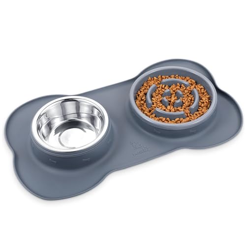 Pecute Slow Feeder Dog Bowls to Slow Down Eating, Dog Bowl Slow Feeder with No-Spill Non-Skid Silicone Mat, Food-Grade Safe Dog Food Bowls Slow Feeder, Stainless Steel Dog Water Bowl for Dogs Cats - size: Large-2 Cup/17 oz each