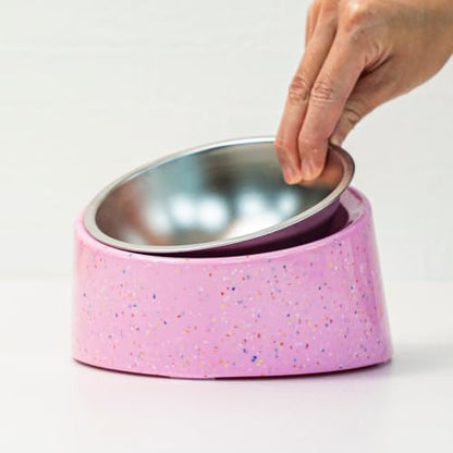 bzyoo 16oz Tilted Dog Bowl for Small Dogs & Cats, 15° Elevated Stainless Steel Pet Feeder, Ergonomic Anti-Vomiting Food Bowl for Frenchie, Pug, Persian Cat, Non-Skid Melamine Stand, Sprinkle (Pink) - color: Pink